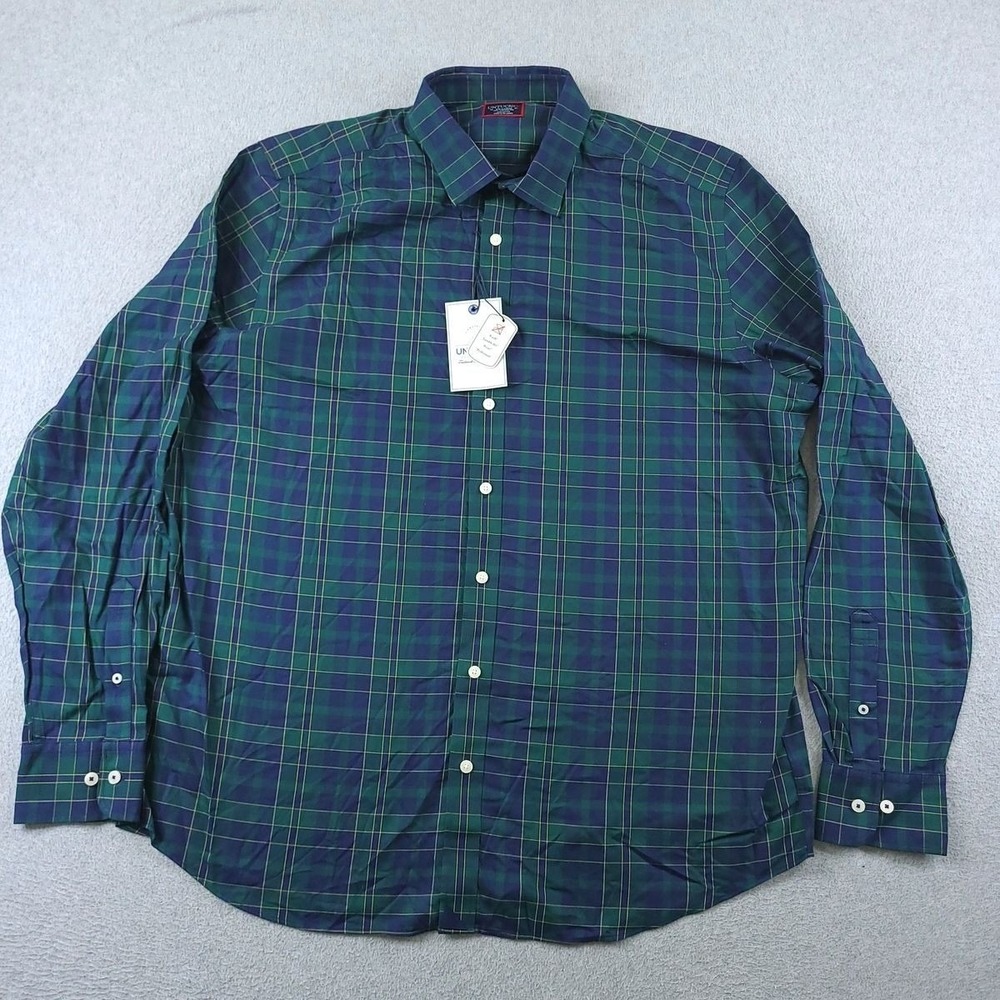 UNTUCKit Shirt Mens 2XL XXL Tall Green Blue Plaid Langon Wrinkle Free Button Up